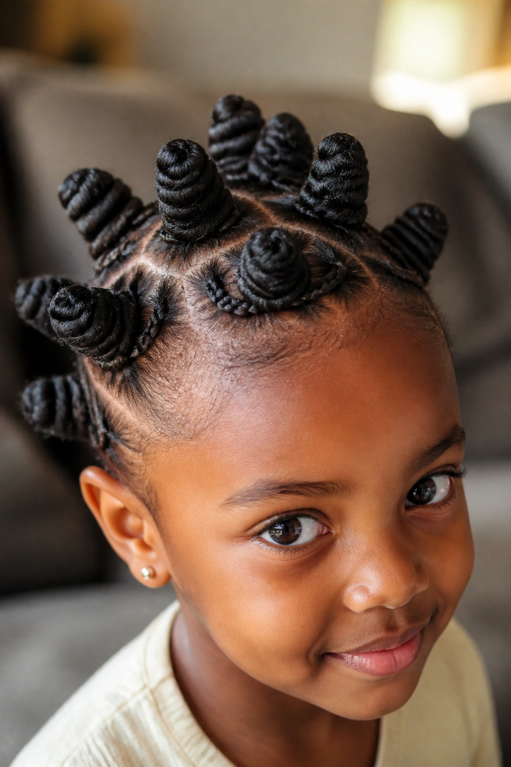 Close-up of a child with bantu knots and braided bases