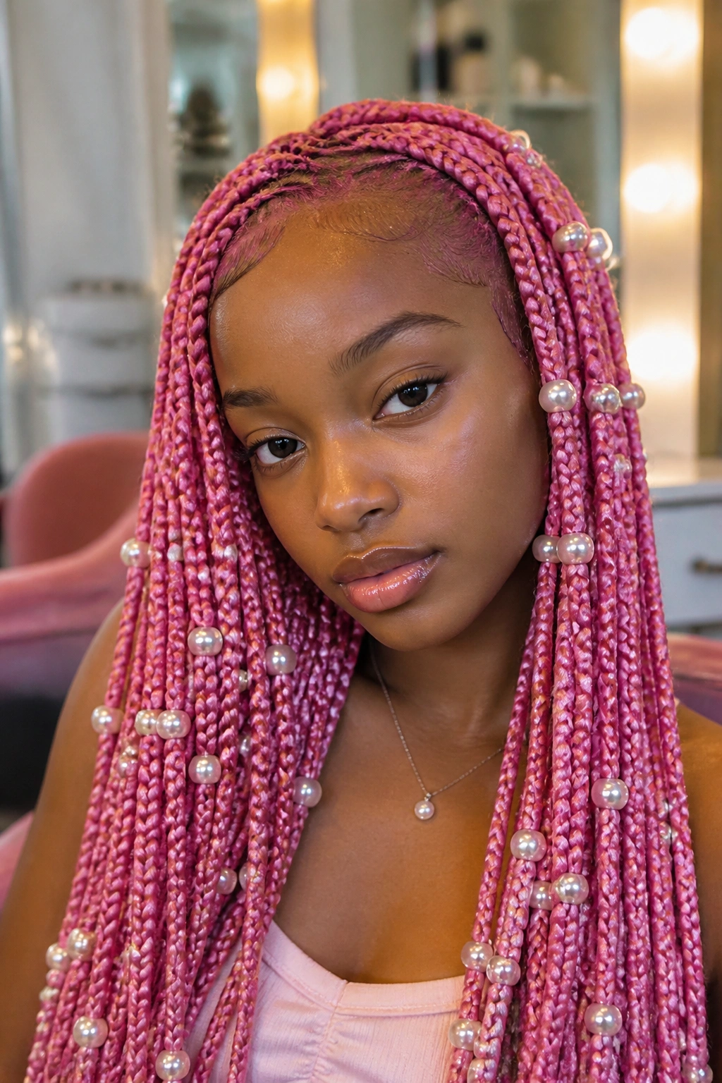 Portrait of a woman with Barbie pink knotless braids and pearl beads