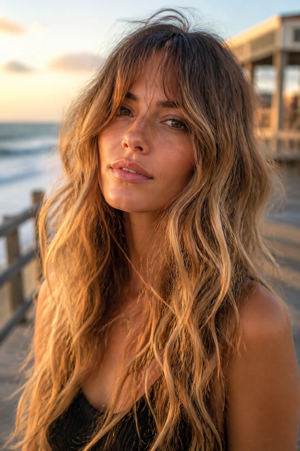 Close-up of a real woman with beachy waves and grown-out bangs on a sunlit boardwalk