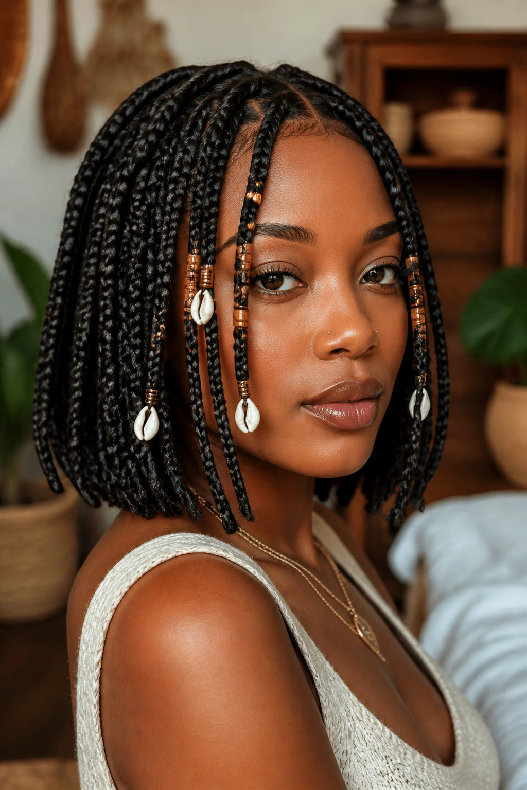 Portrait of a woman with bead and shell accents on a bob-length goddess braid.