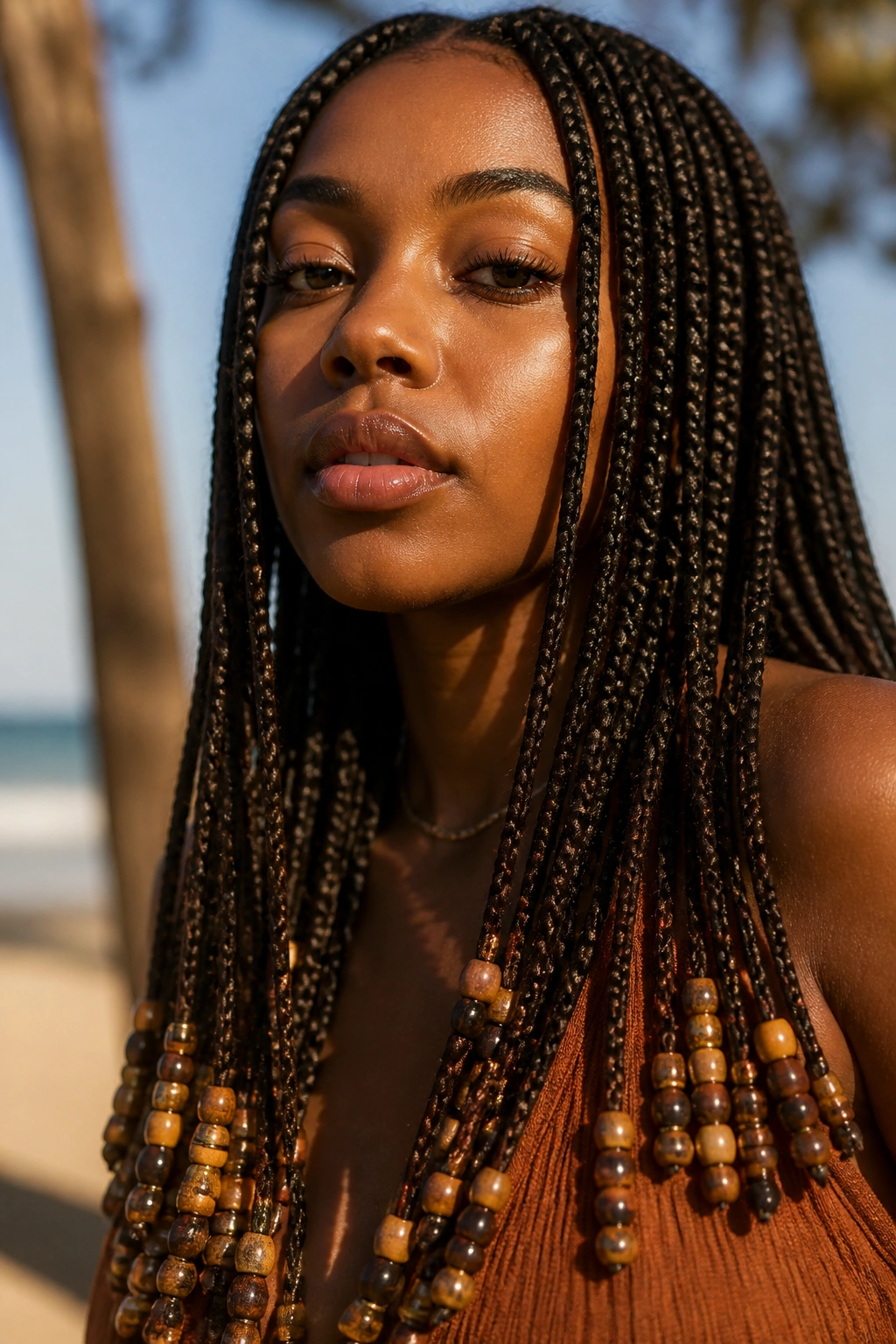 Close-up of beaded bohemian long braids on a real person