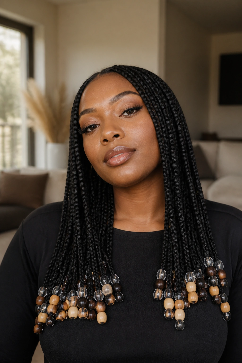 Close-up of beaded waist-length box braids on a real woman