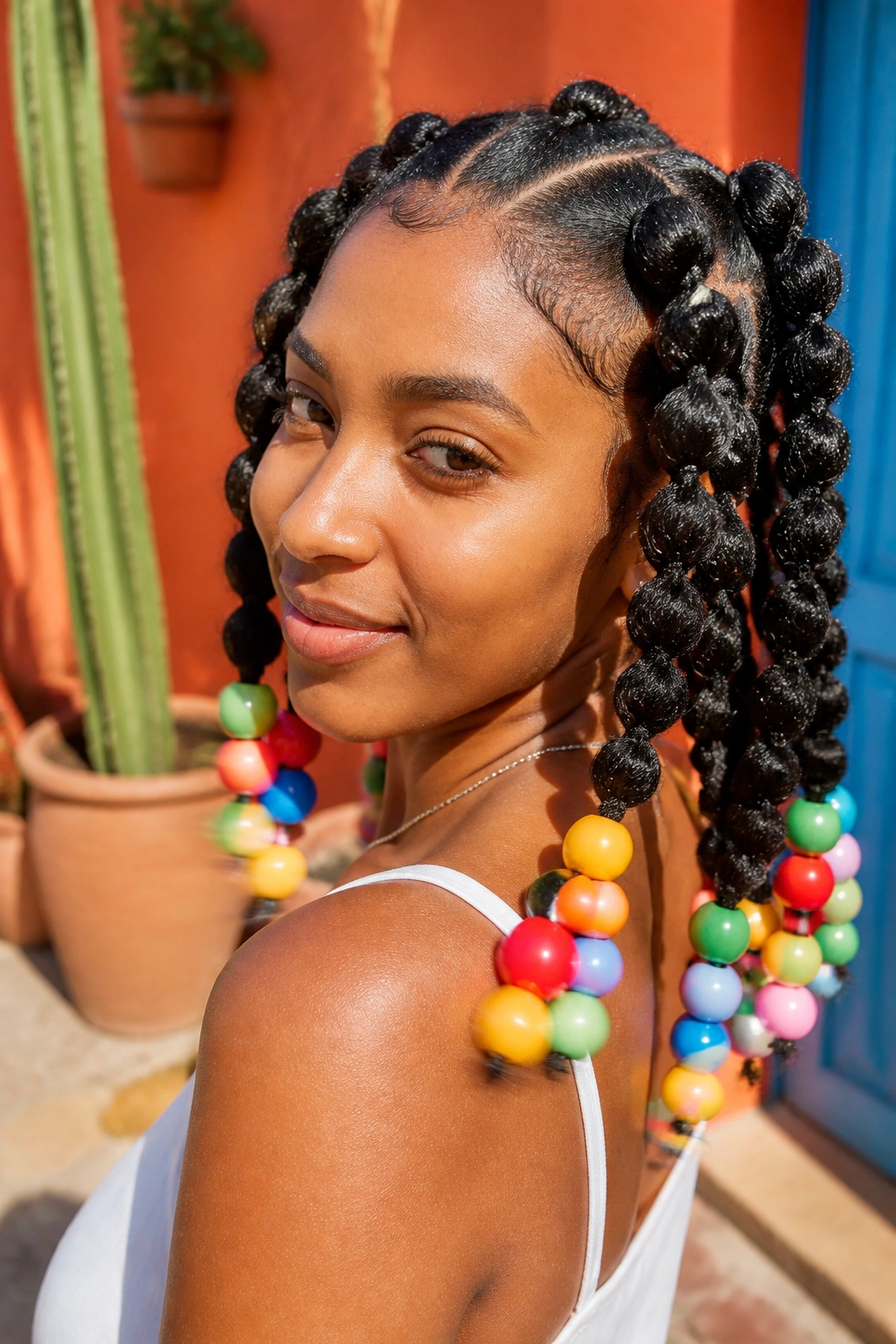 Woman with bubble braids ending in large colorful beads