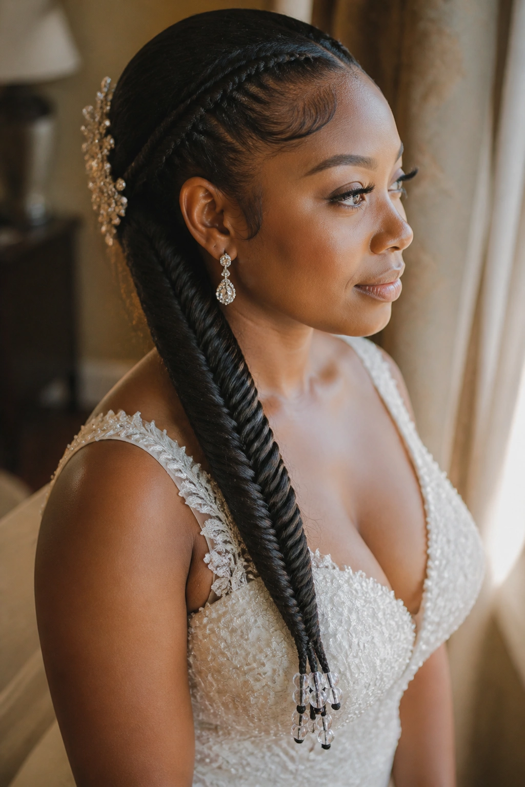 Close-up of bride's fishtail ending beads in bridal suite
