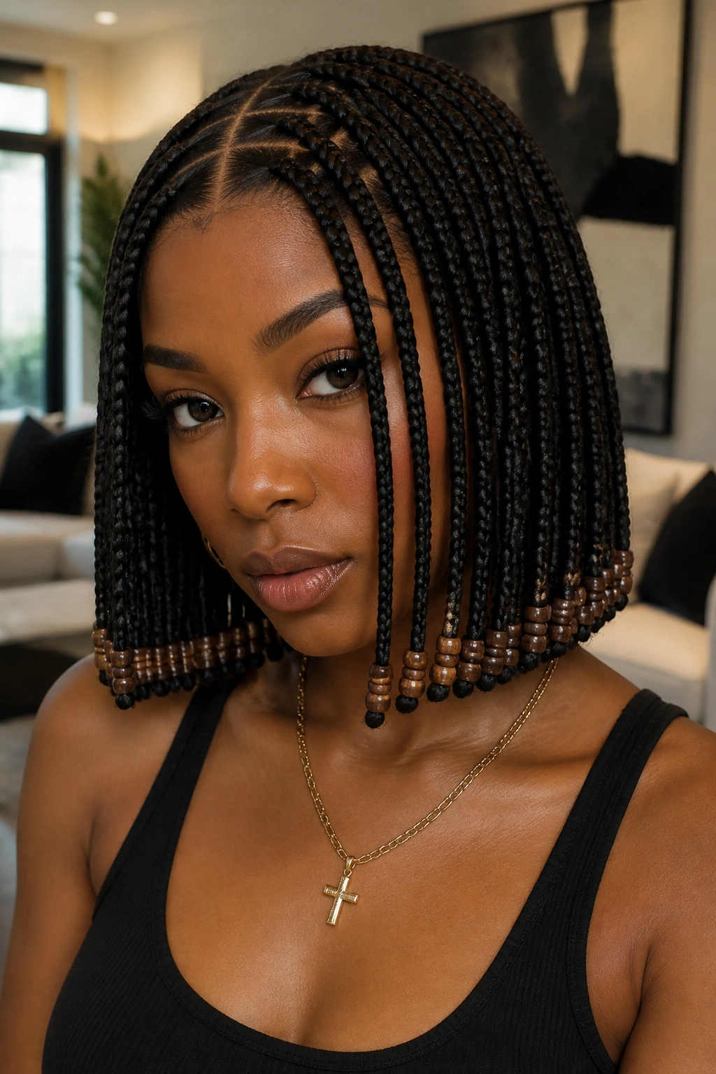 Close-up of a real woman with beaded square braids in a bright living room