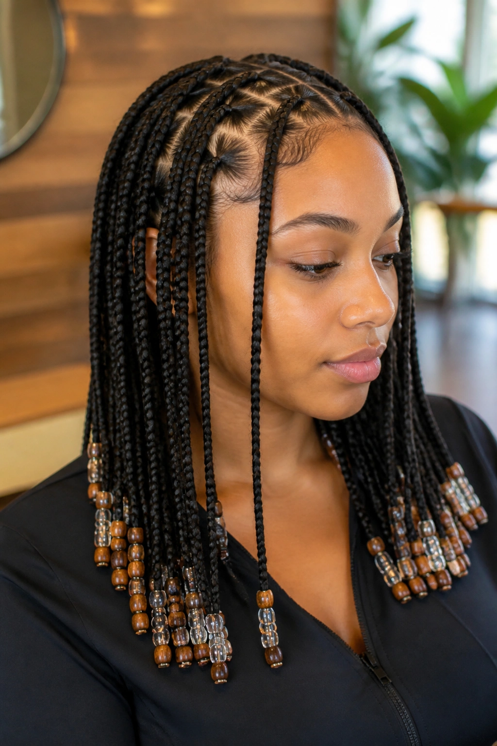 Close-up of a real woman with beaded ends on small triangle-part knotless braids, beads at the ends.