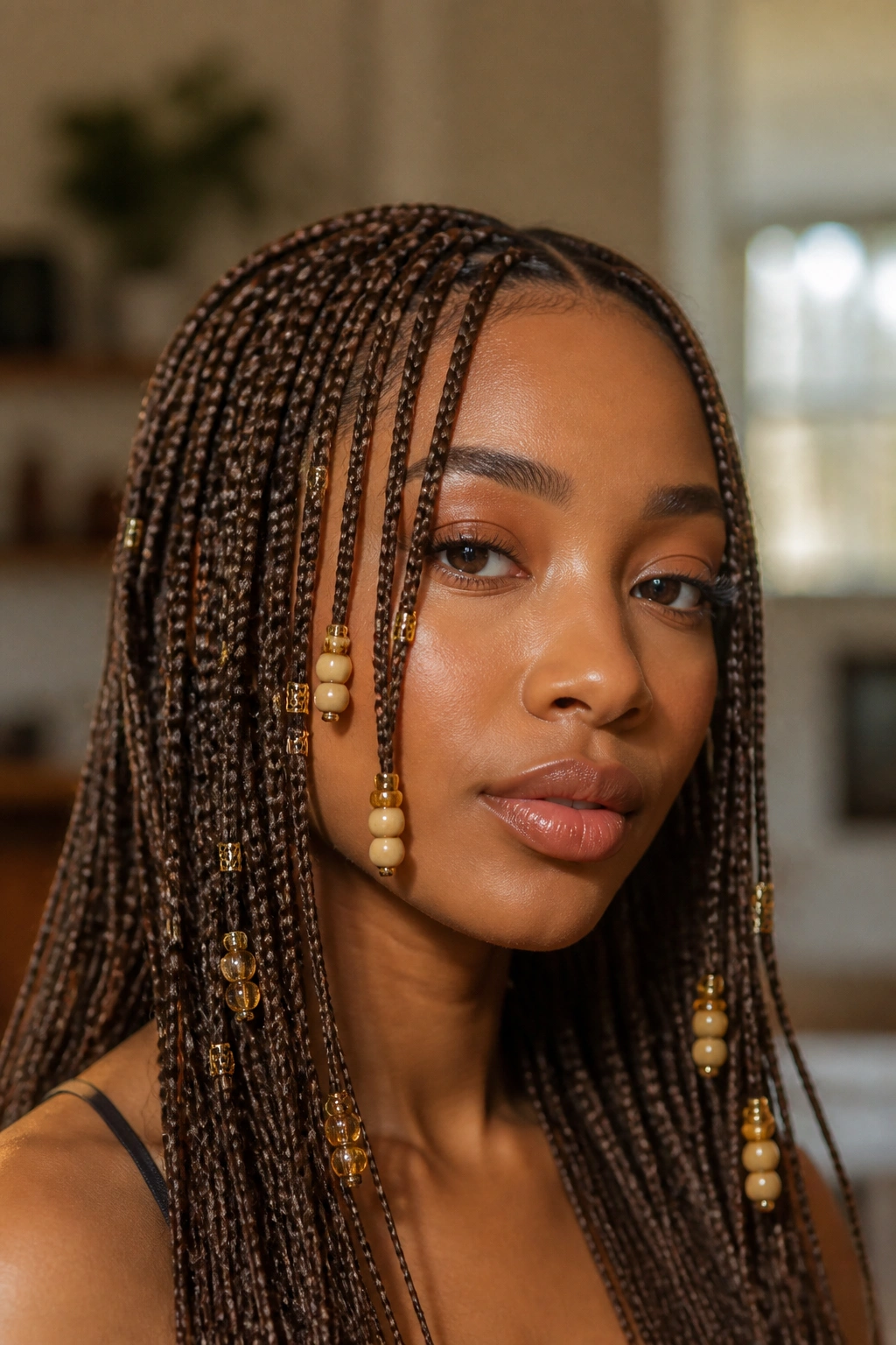 Close-up of a real person with beads and jewelry on micro braids