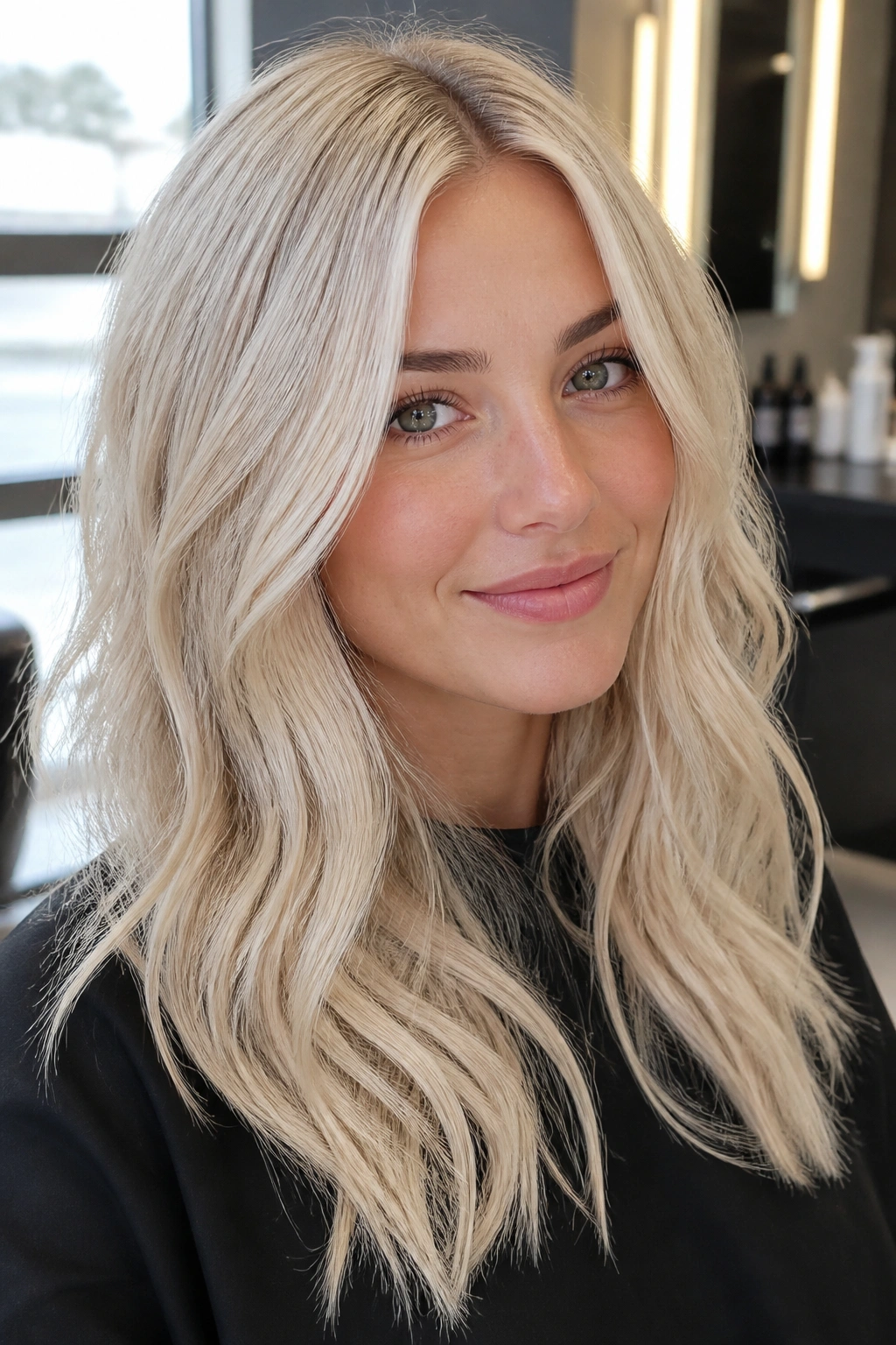 Close-up portrait of a real person with beige platinum hair filling the frame