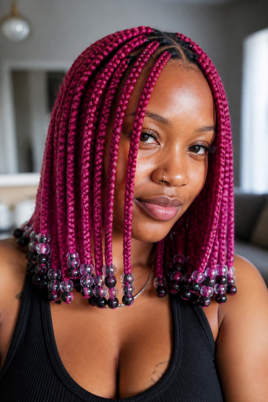 Close-up of a real person with berry pink knotless braids and glass crow beads
