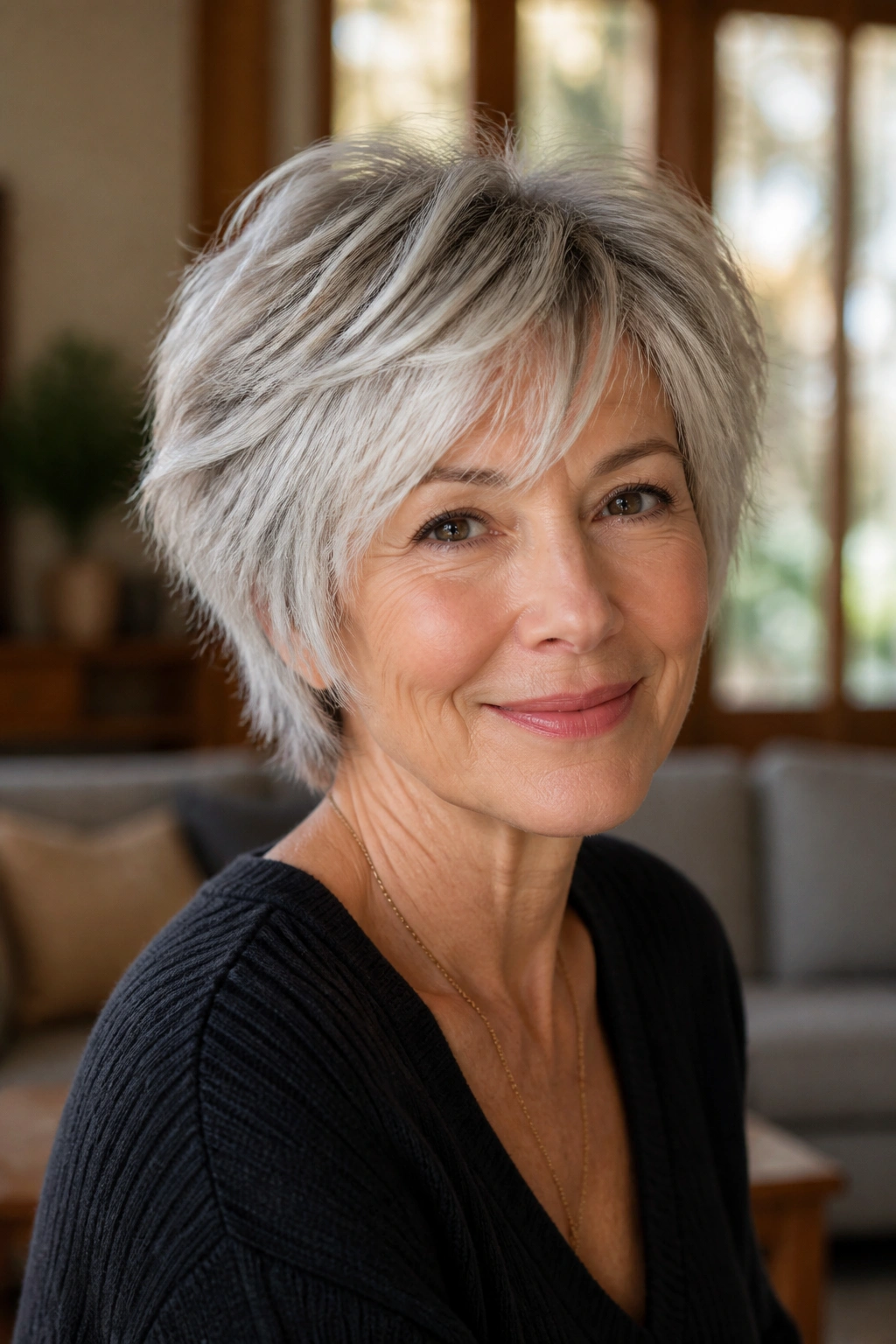 Real woman with bixie cut and airy texture in cozy living room lighting