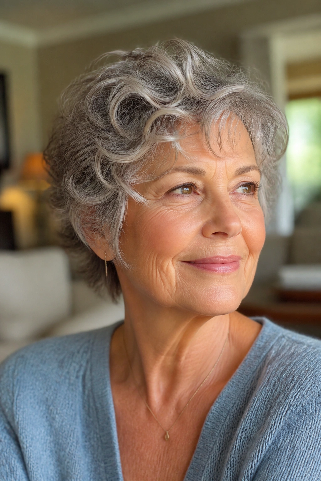 Close-up of a senior woman wearing curly bixie hairstyle showing layered ends