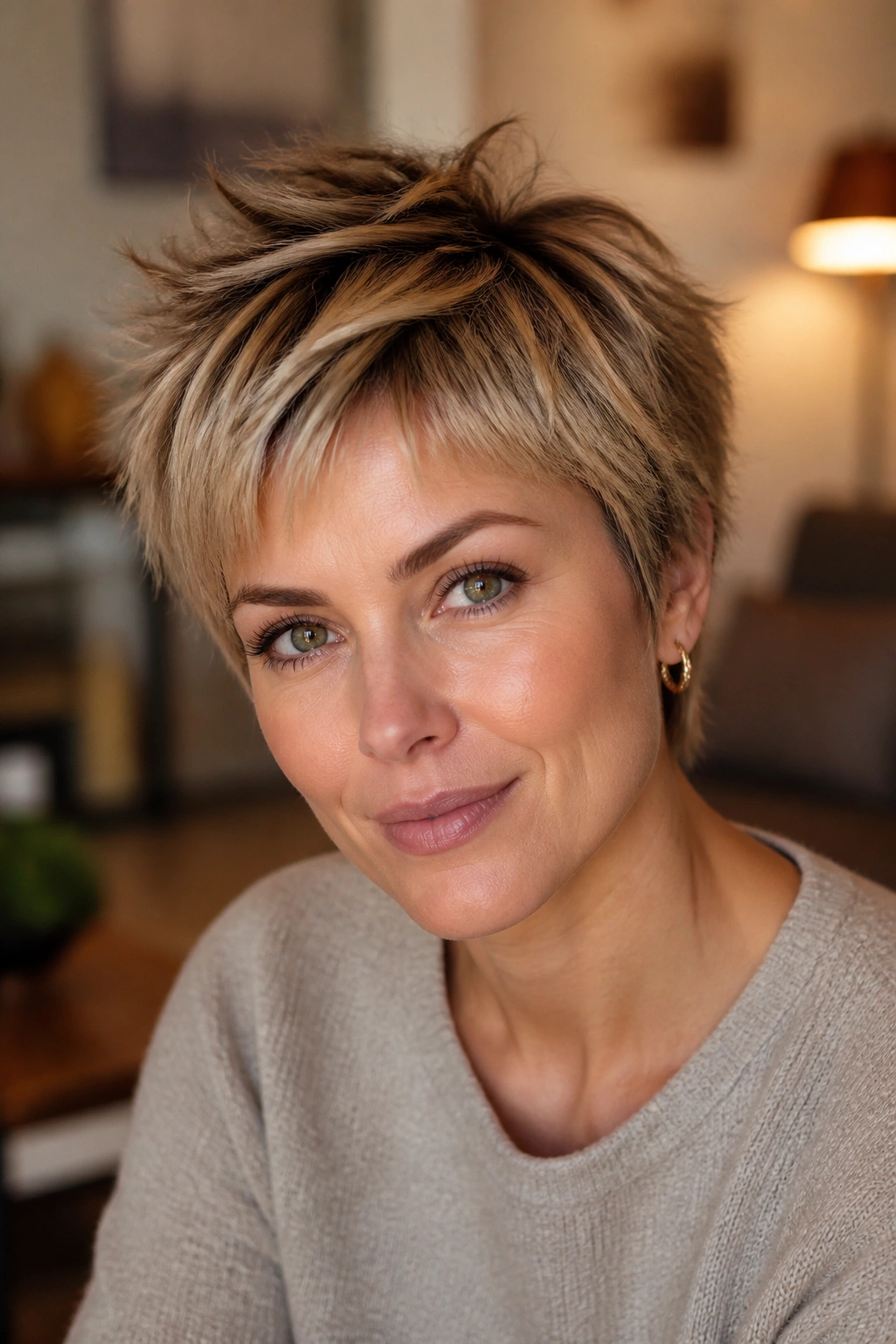 Portrait of a real woman with bixie cut and choppy ends.