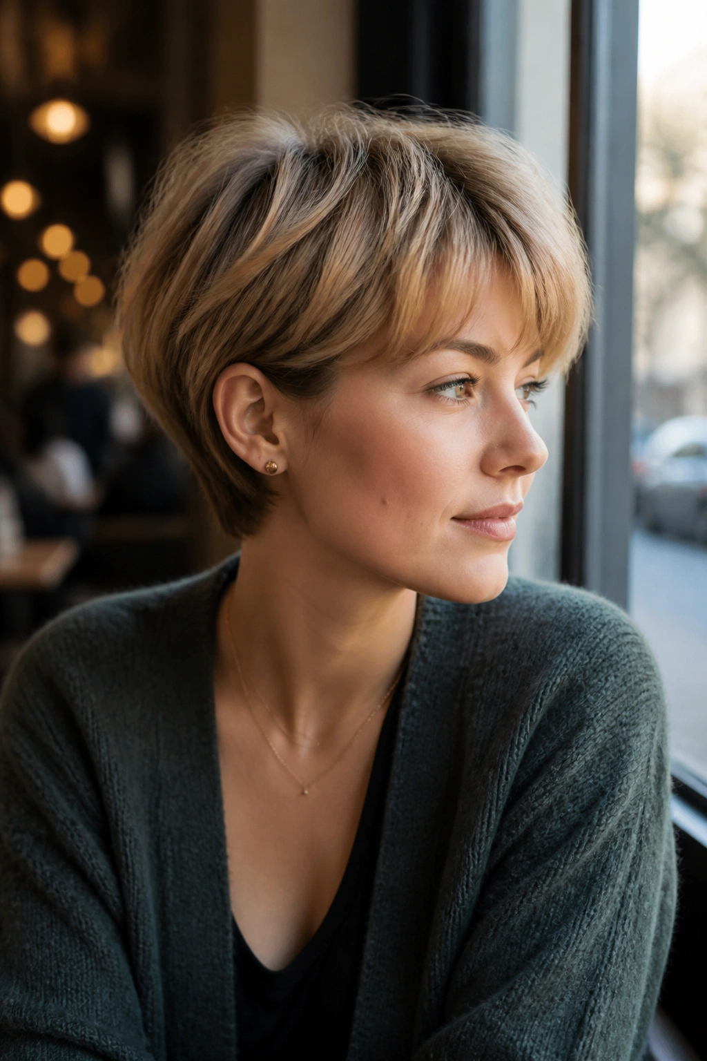 Close-up portrait of a real person with bixie haircut in a warm cafe setting