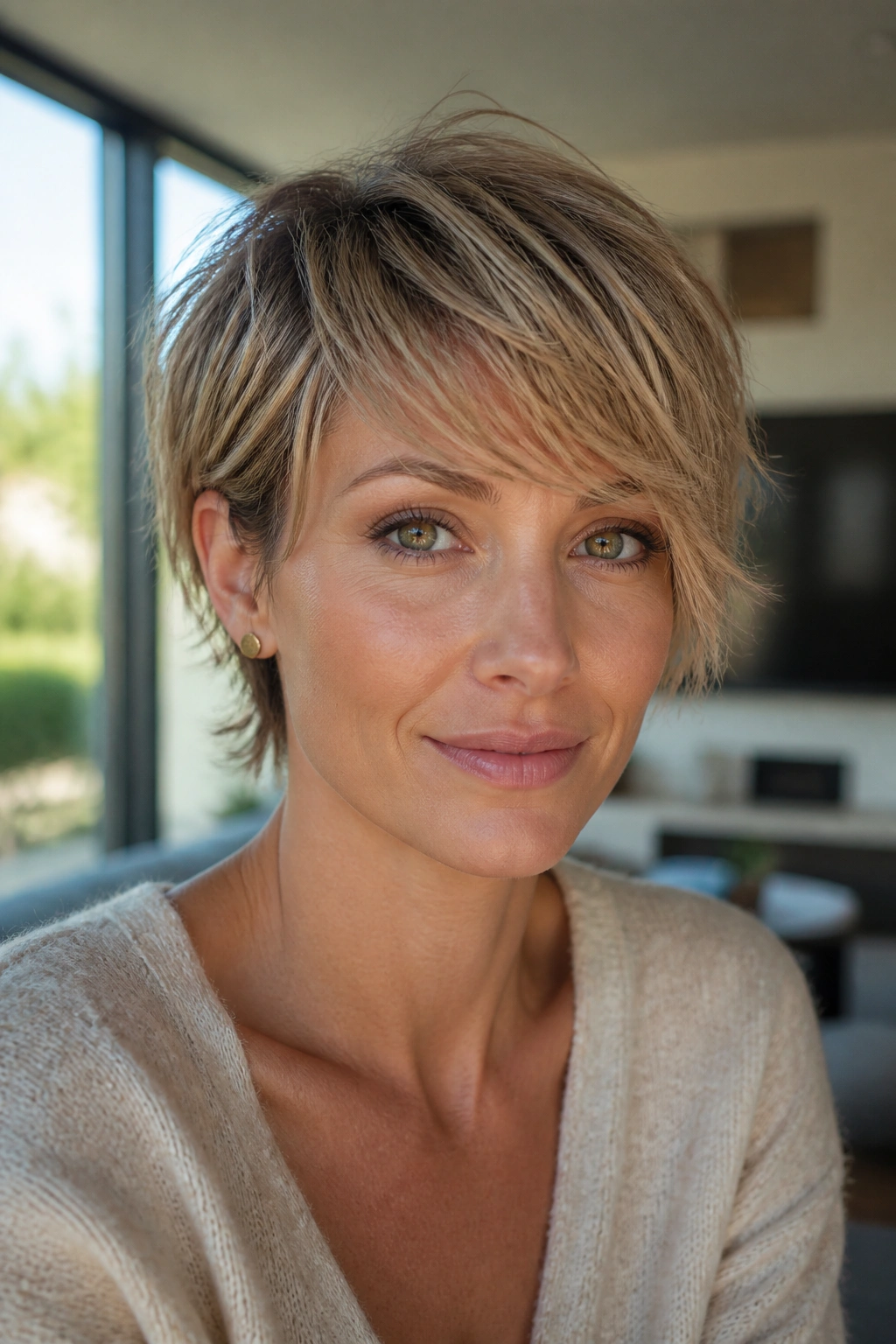 Close-up portrait of a real woman with layered bixie and sweeping fringe in soft daylight