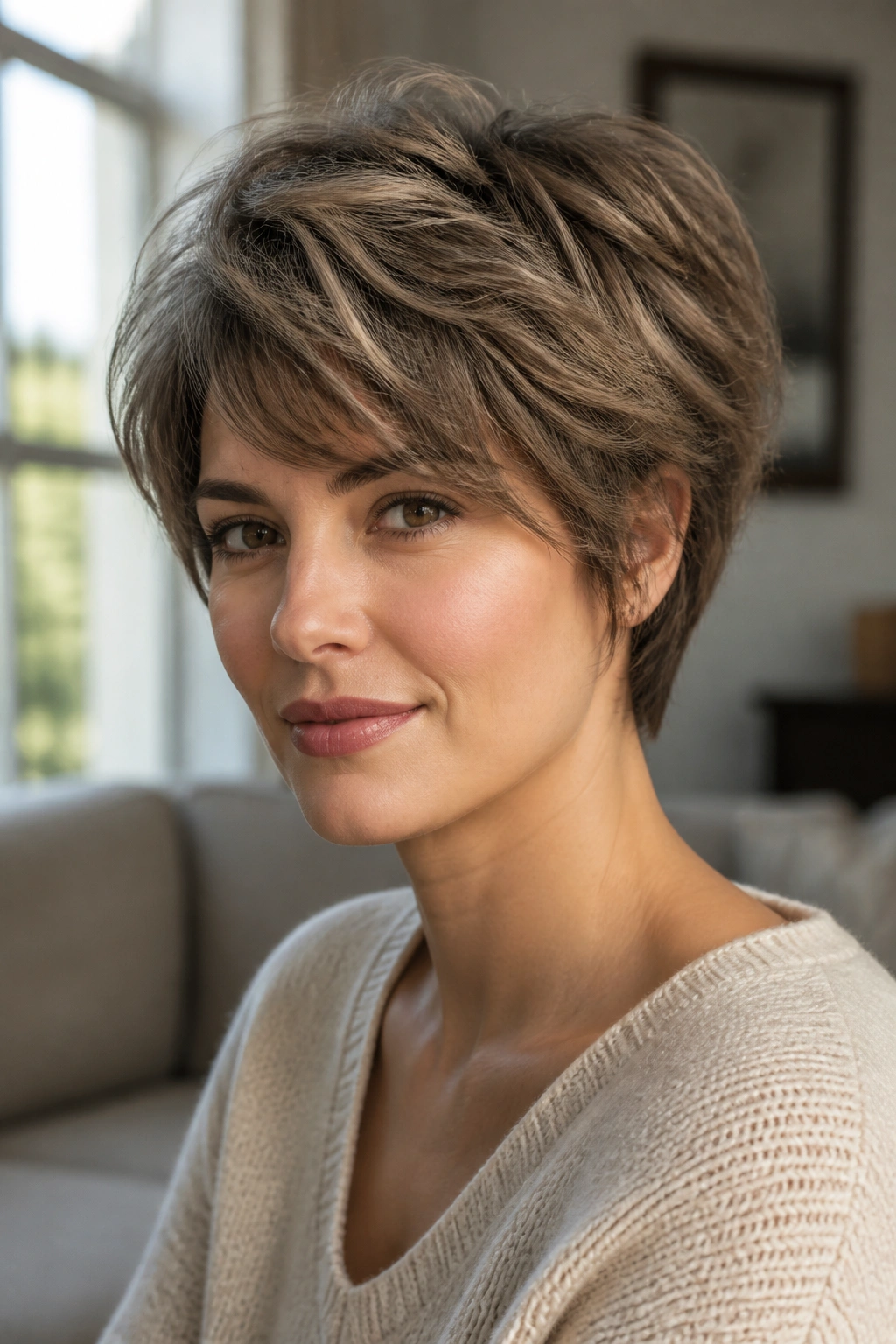 Medium close-up of a real person with a bixie haircut showing layered top and short back.