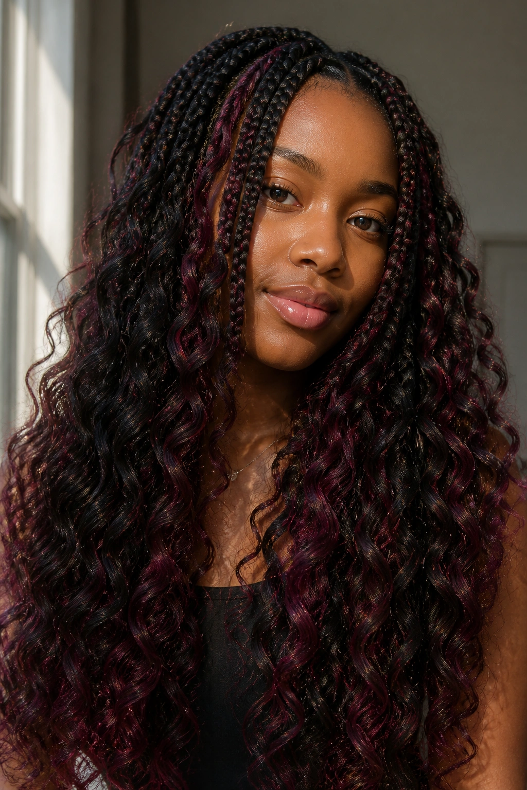 Real person with black cherry peekaboo under black base in voluminous curls