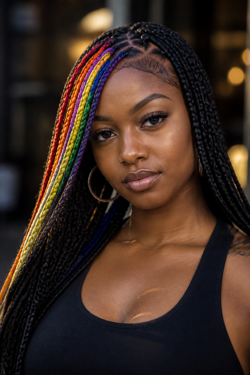 Close-up of a real woman with black and rainbow box braids in an urban setting