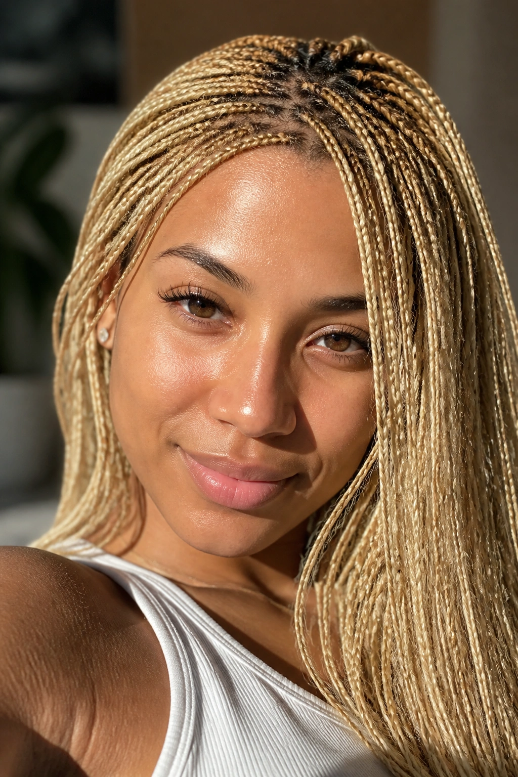 Close-up of a real person with blonde micro braids and visible roots under natural light