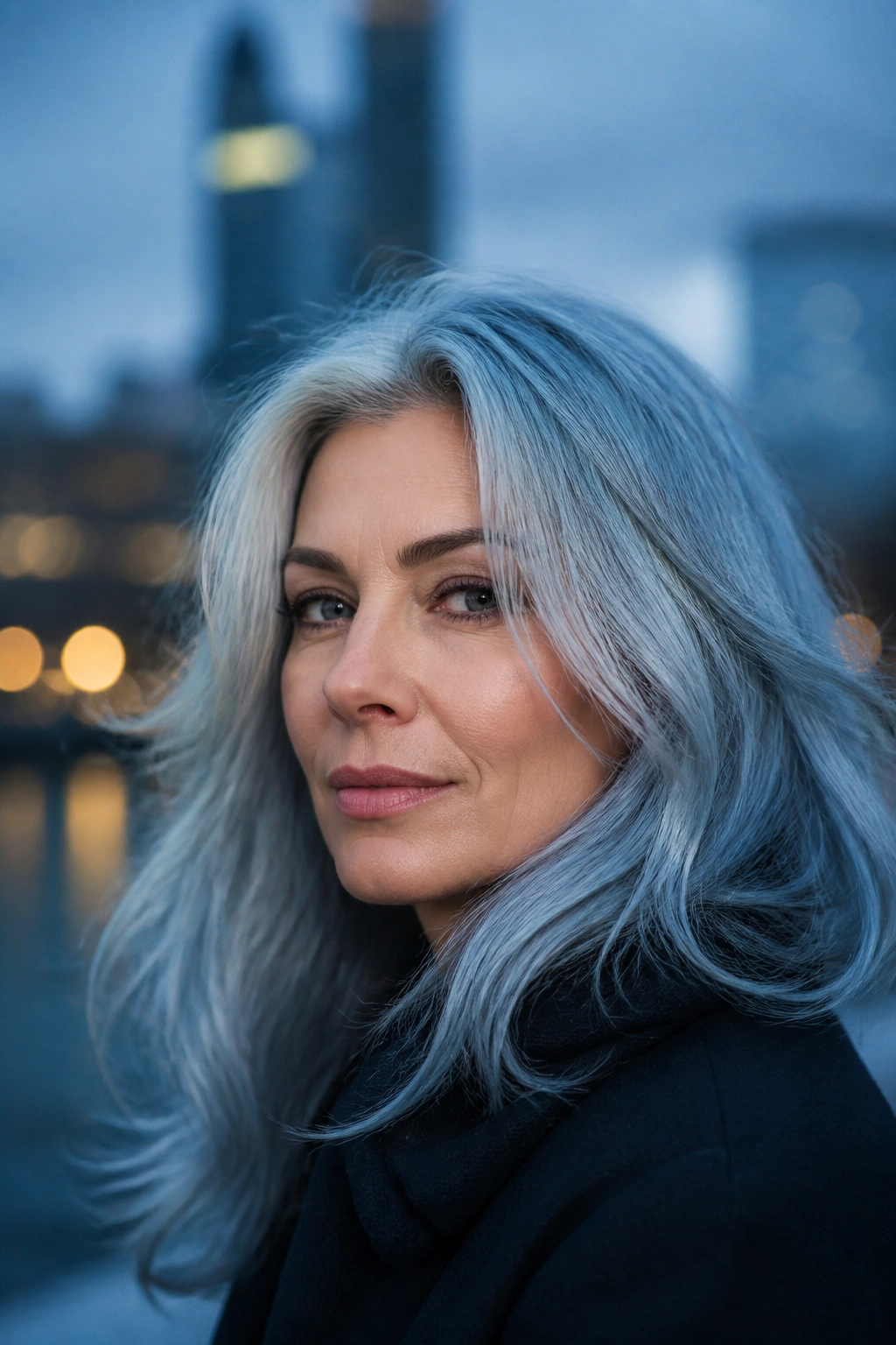 Real person with blue-silver hair in blue-hour lighting.
