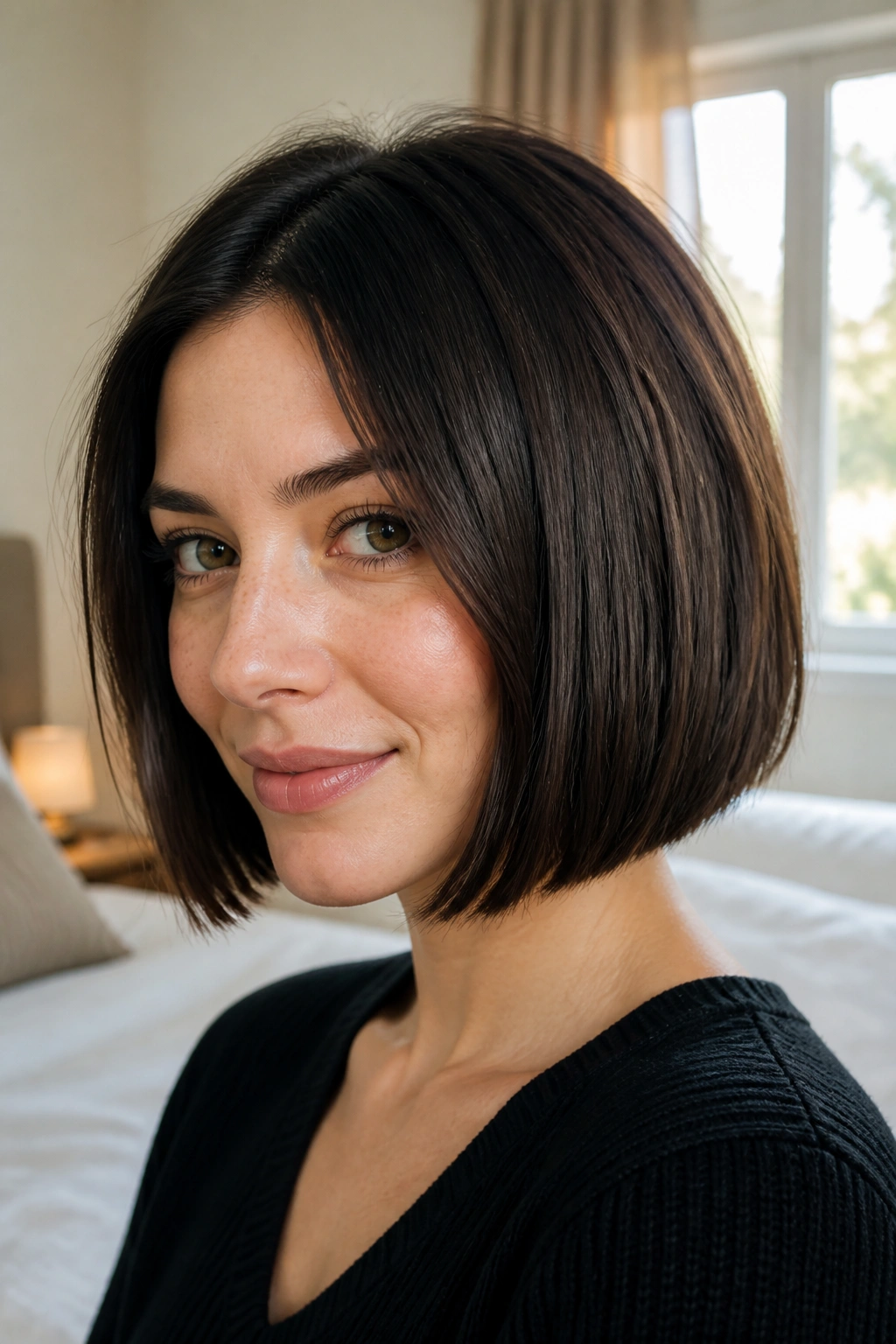 Close-up of a real woman with a chin-length blunt bob and hidden crown layers, dense ends and lifted crown.