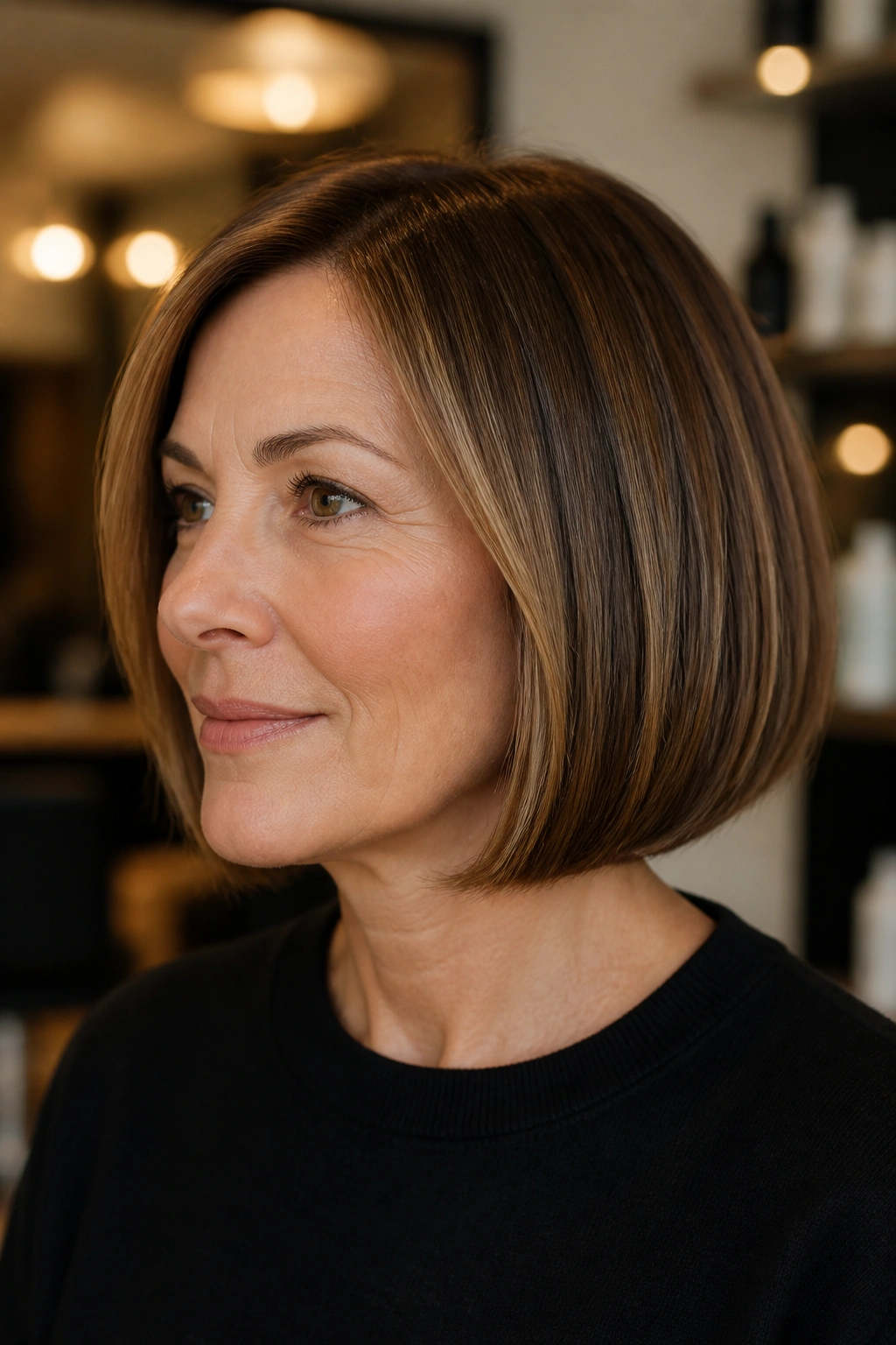 Portrait of a real woman with a blunt bob and subtle underlayers in a cozy salon