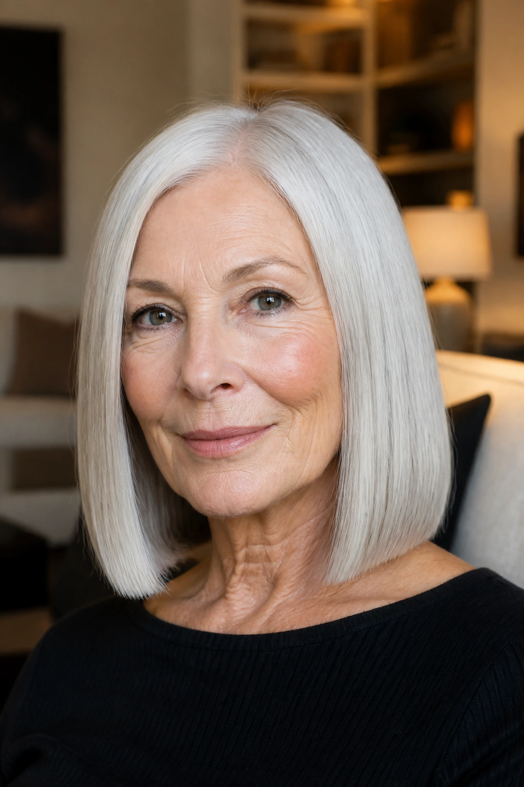 Mature woman with a sleek shoulder-length blunt cut