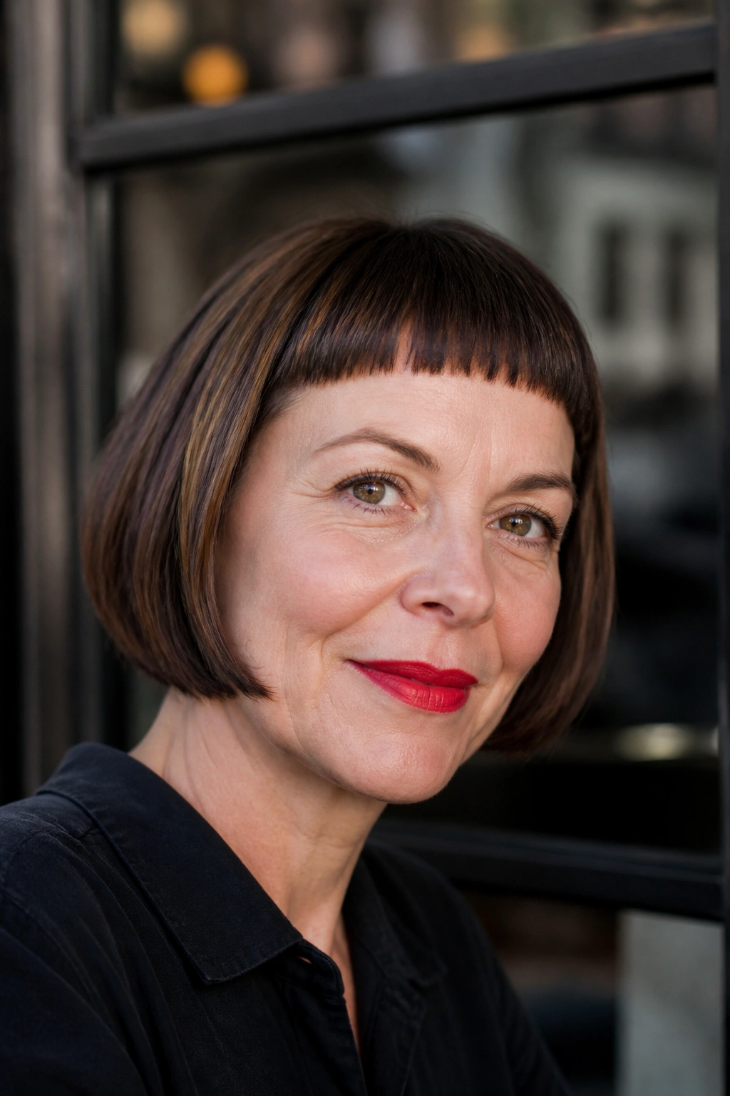 Portrait of a woman with a blunt bob and micro-bangs