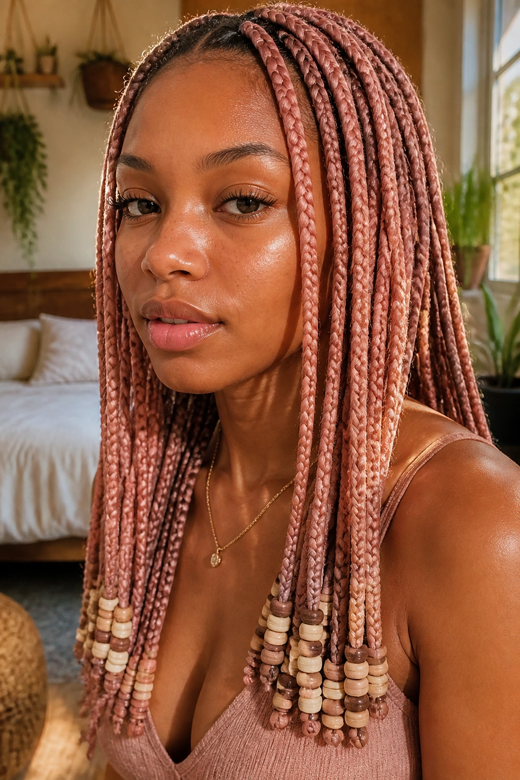 Close-up of real person with blush pink knotless braids and flat clay beads in a sunlit boho room