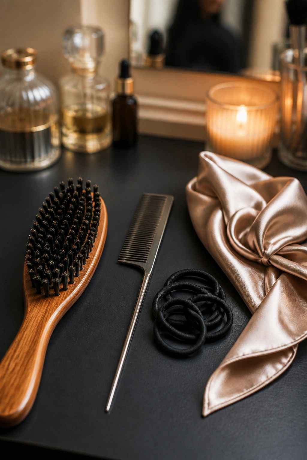 Close-up of four essential slick-back hair tools on a dressing table