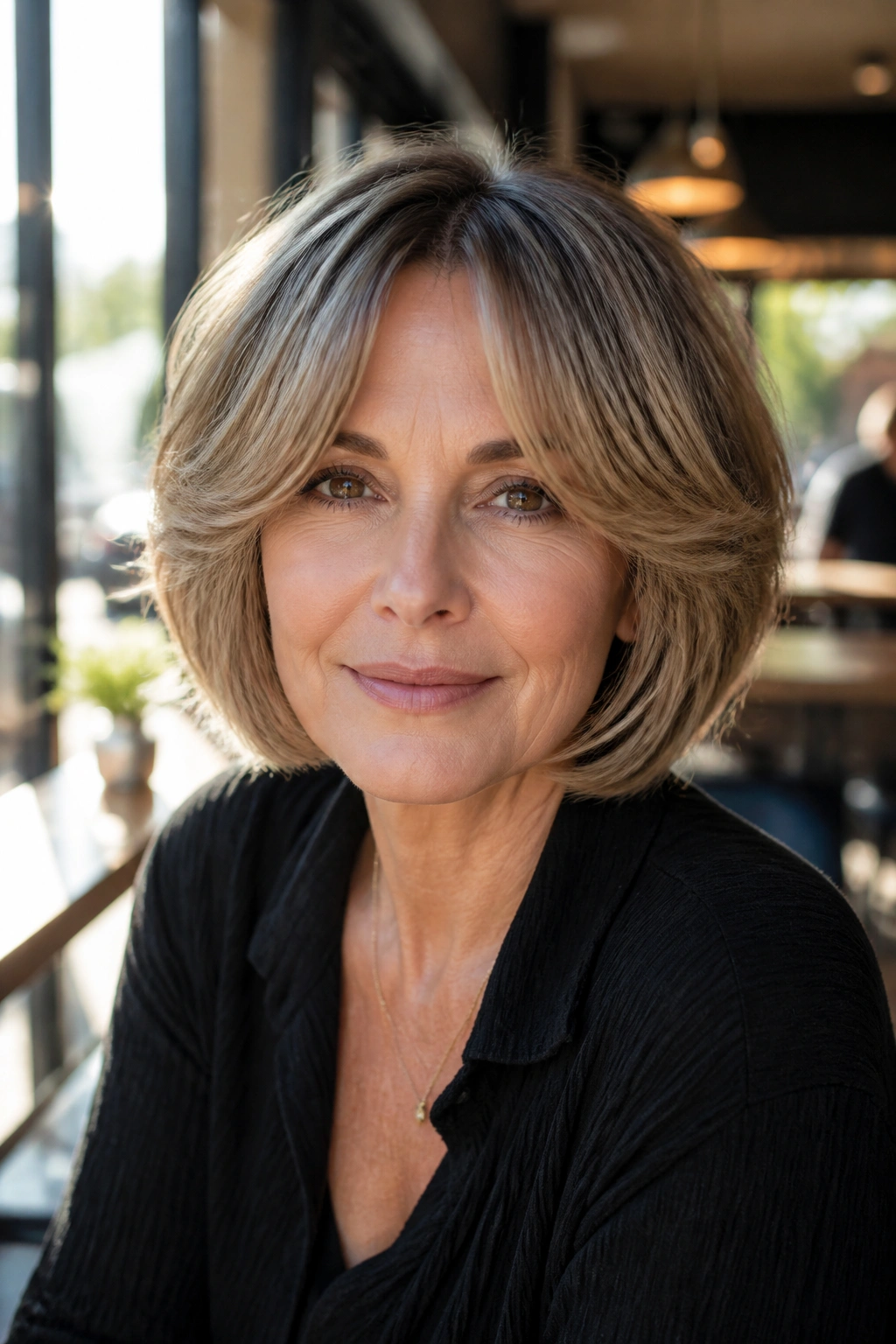 Portrait of a real woman with curtain bangs and layered bob in daylight