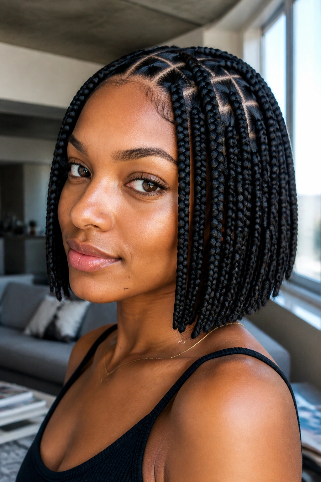 Close-up of bob-length square braids on a real person