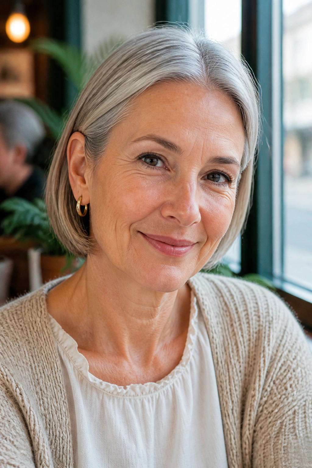 Portrait of woman with neat tucked-behind-ear bob and natural light