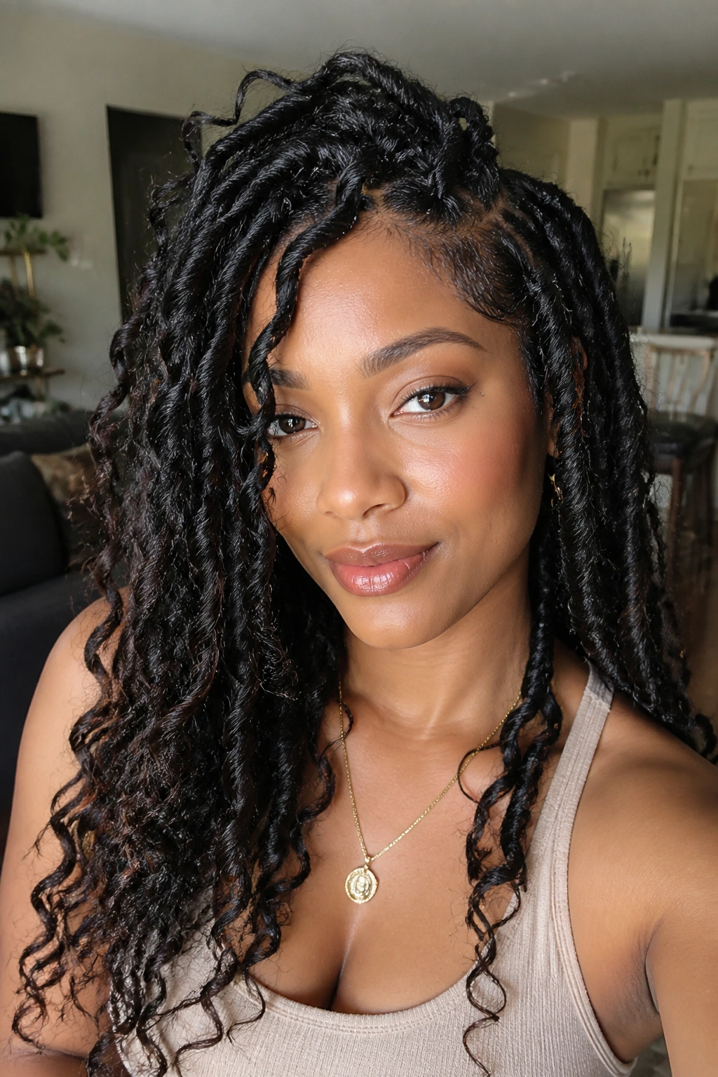 Close-up of a real person with bohemian Afro twists mixing Marley twists and human hair