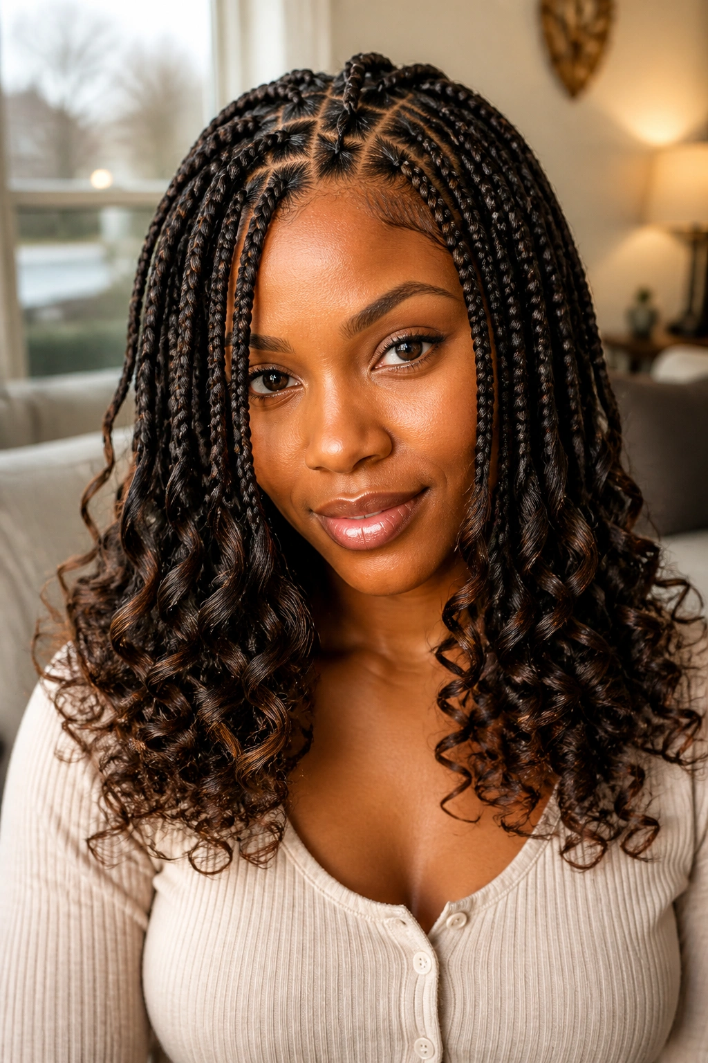 Close-up of knotless braids with curly ends on a real person, triangle parts visible.