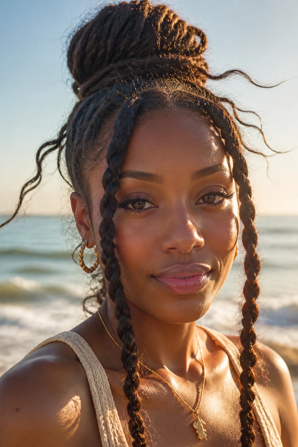 Close-up of a woman with two loose front braids at the beach