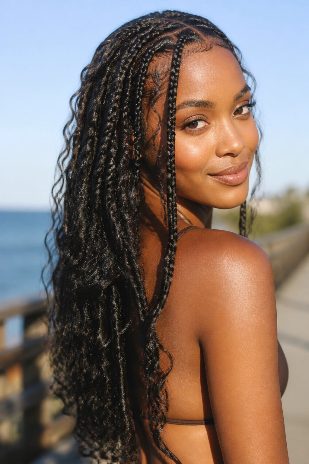 Bohemian knotless braids with loose human hair curls outdoors