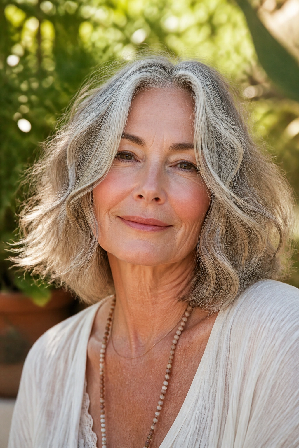Real woman with bohemian textured lob hairstyle.