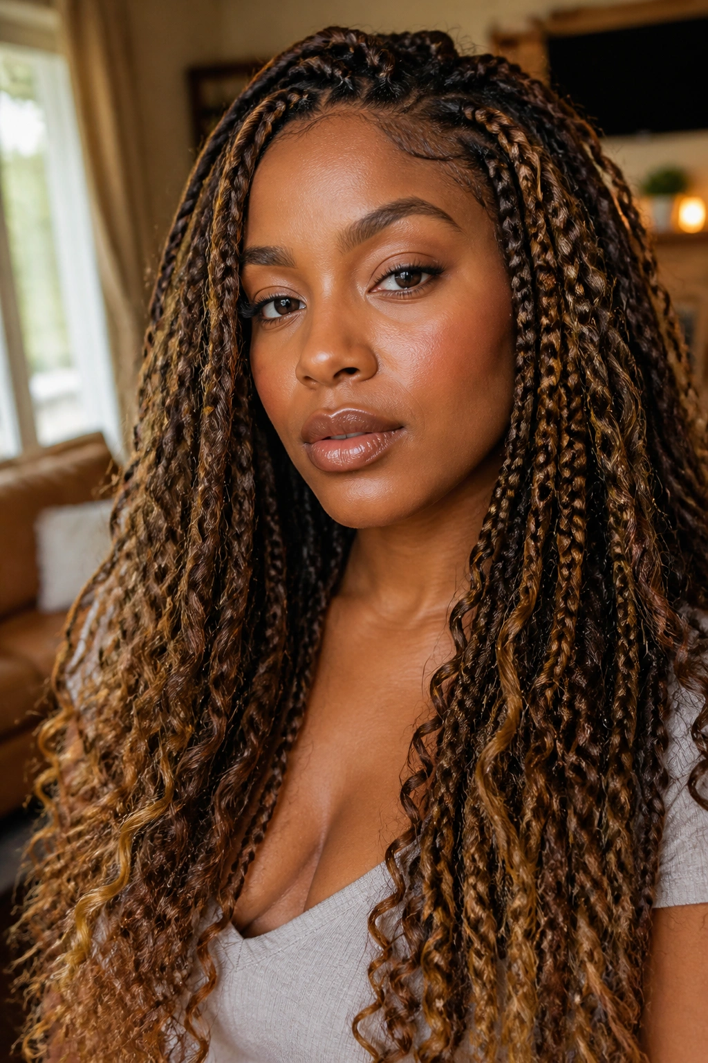 Close-up of a real woman with multi-tonal brown boho braids, dimension and texture