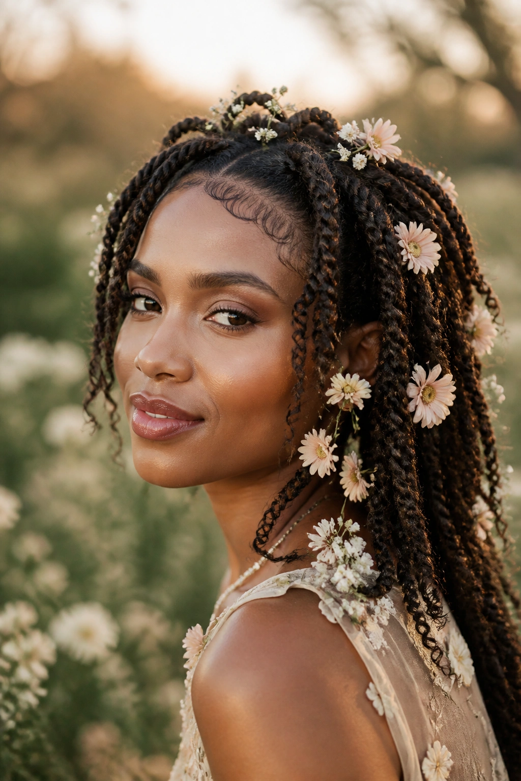 Real woman with floral-embellished boho braids