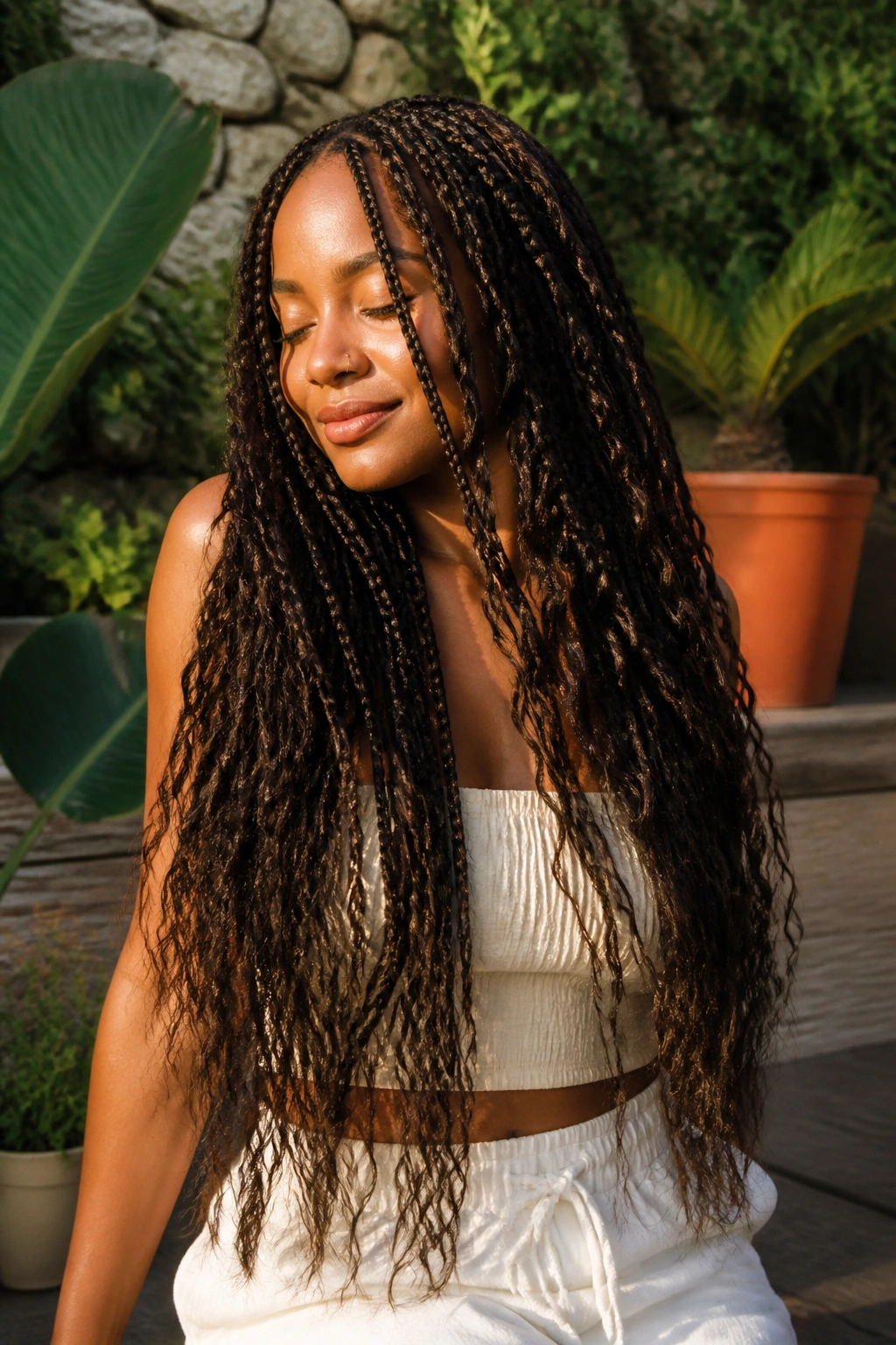 Portrait of a woman with Boho Goddess box braids and loose waves