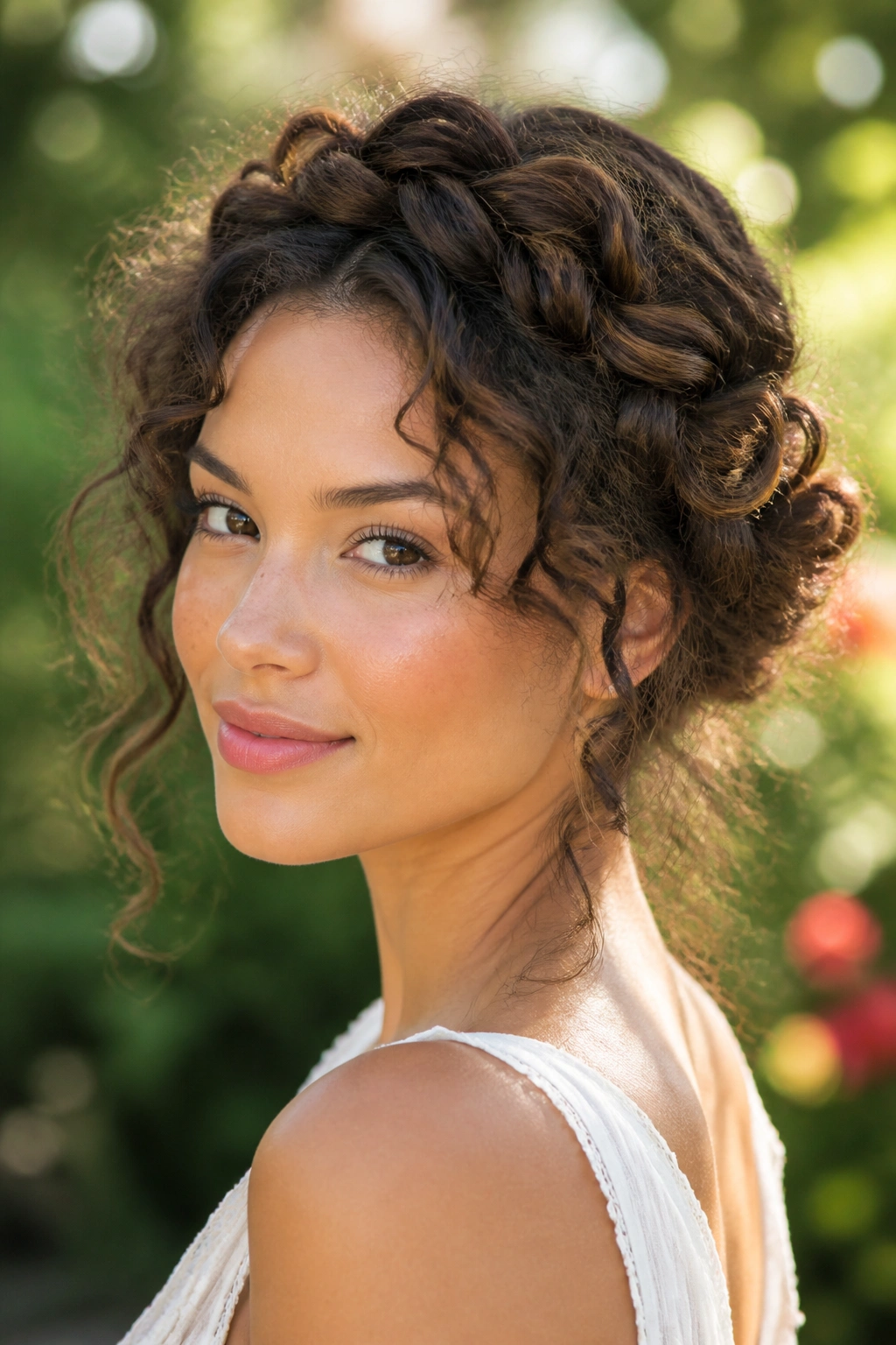 Close-up of a woman with a messy boho halo for 3A waves.