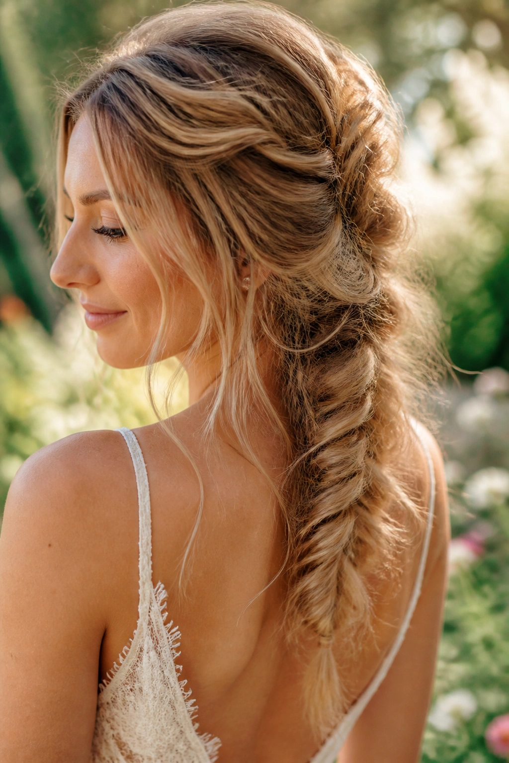 Close-up of a real woman with a loose, boho messy braid in an outdoor garden