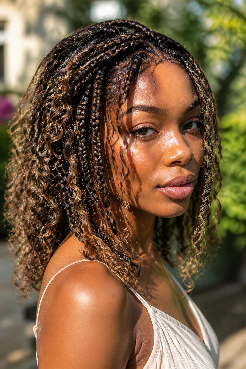 Shoulder-length boho passion braids with distressed texture in natural light.