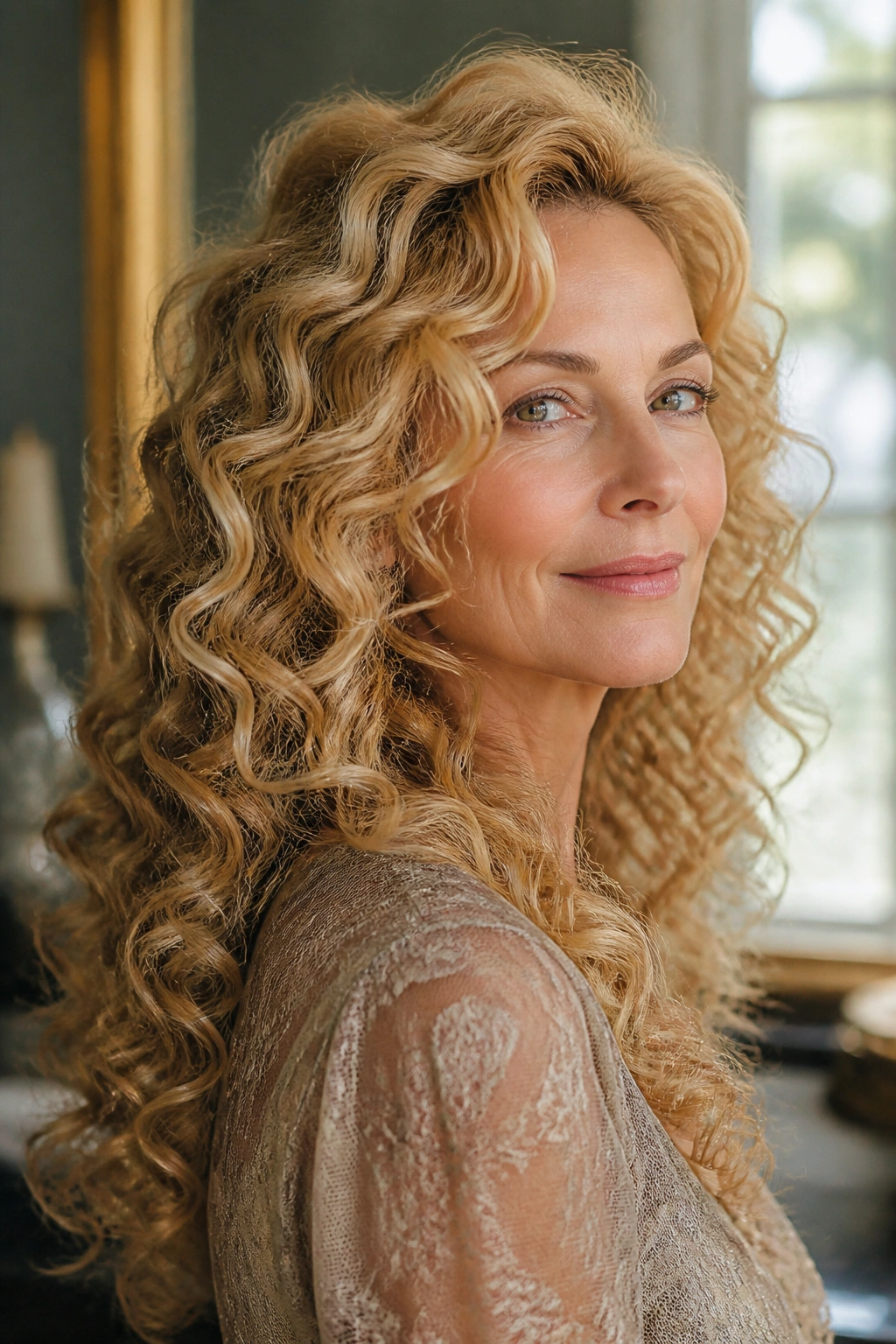 Woman with long Botticelli curls cascading in soft ribbons under window light
