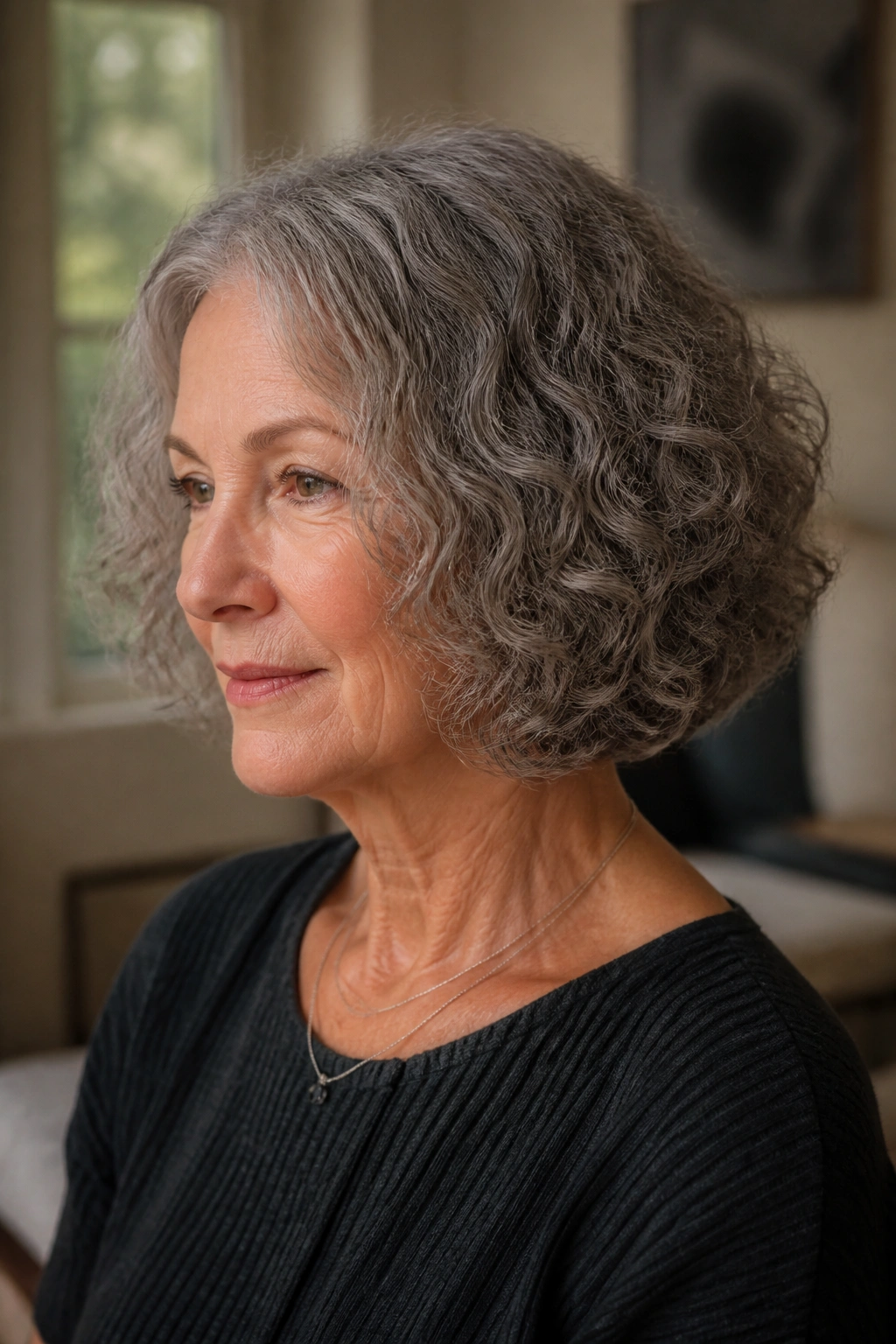 Portrait of an older woman with a bottle bob featuring a flat crown and mid-length volume.