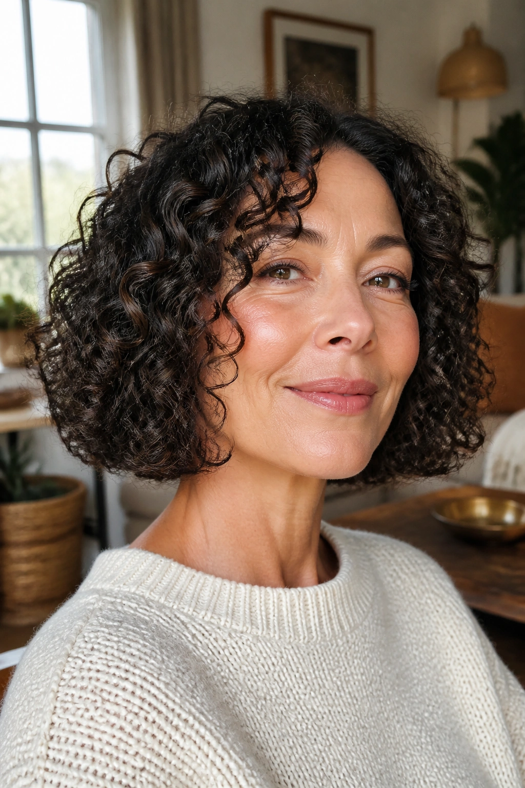Close-up of a real woman with a bottleneck curly bob hairstyle.