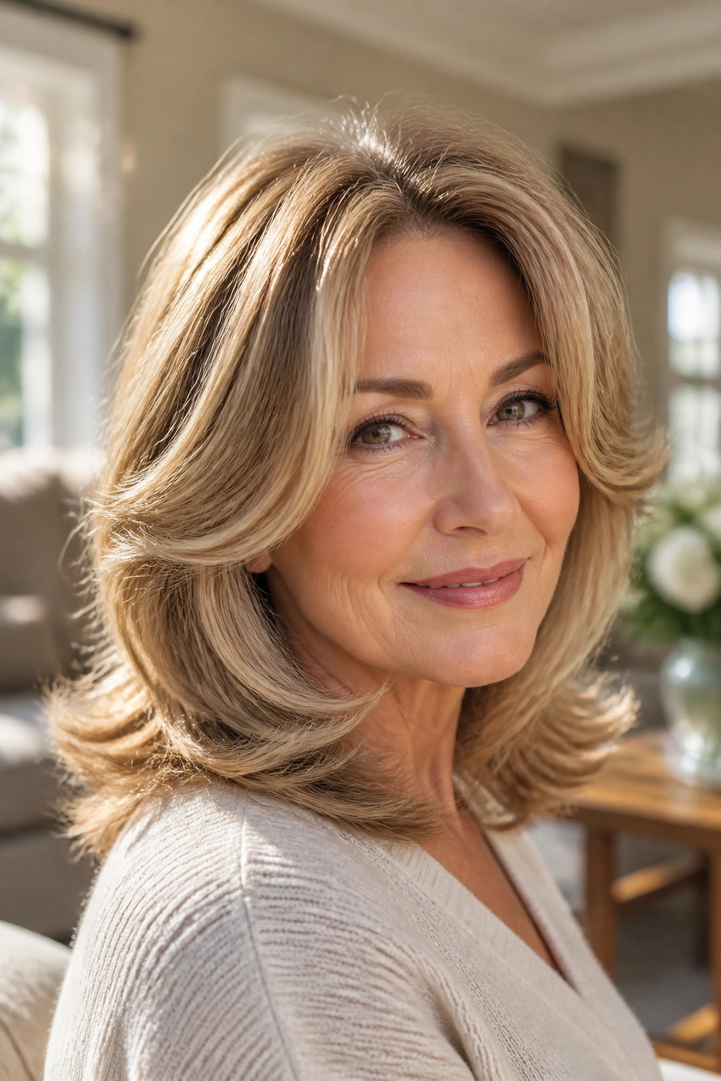 Close-up of a real woman with bouncy blowout layered hair