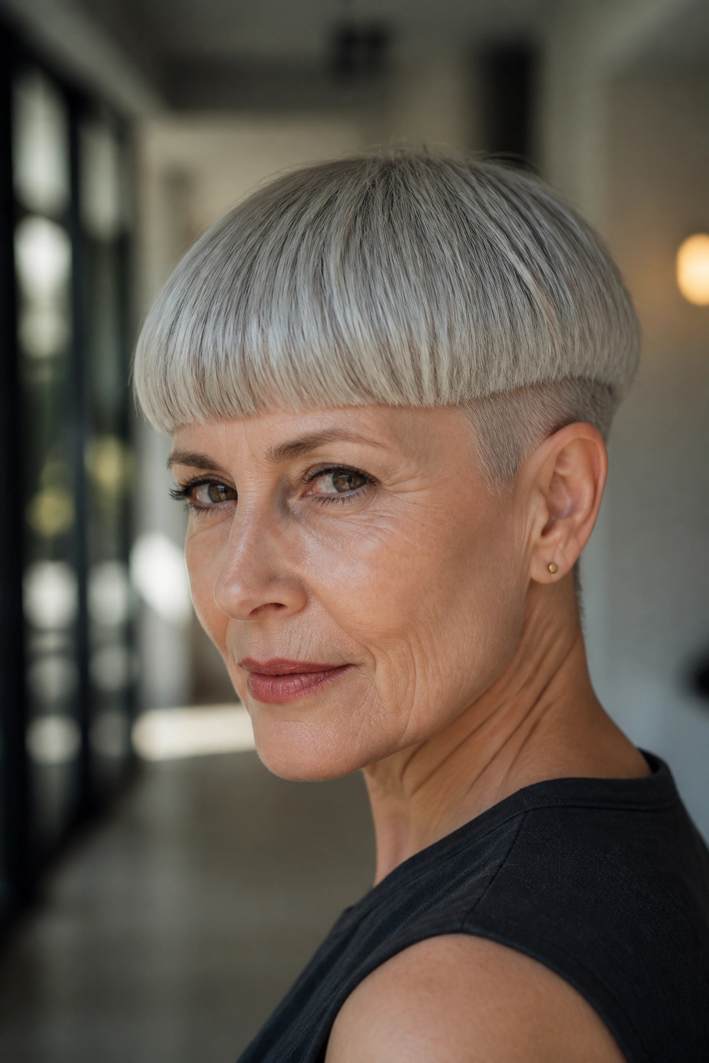 Close-up of a woman with a sharp structured bowl cut in a bright interior
