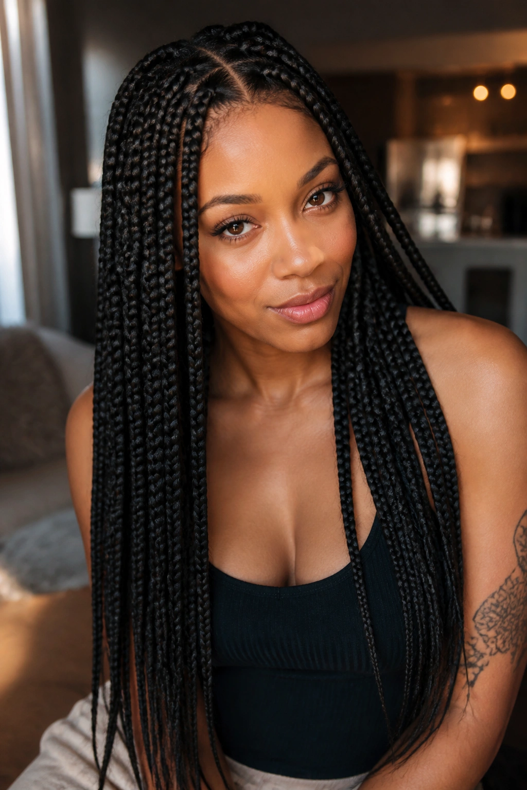 Close-up portrait of a real woman with many box braids framing the head