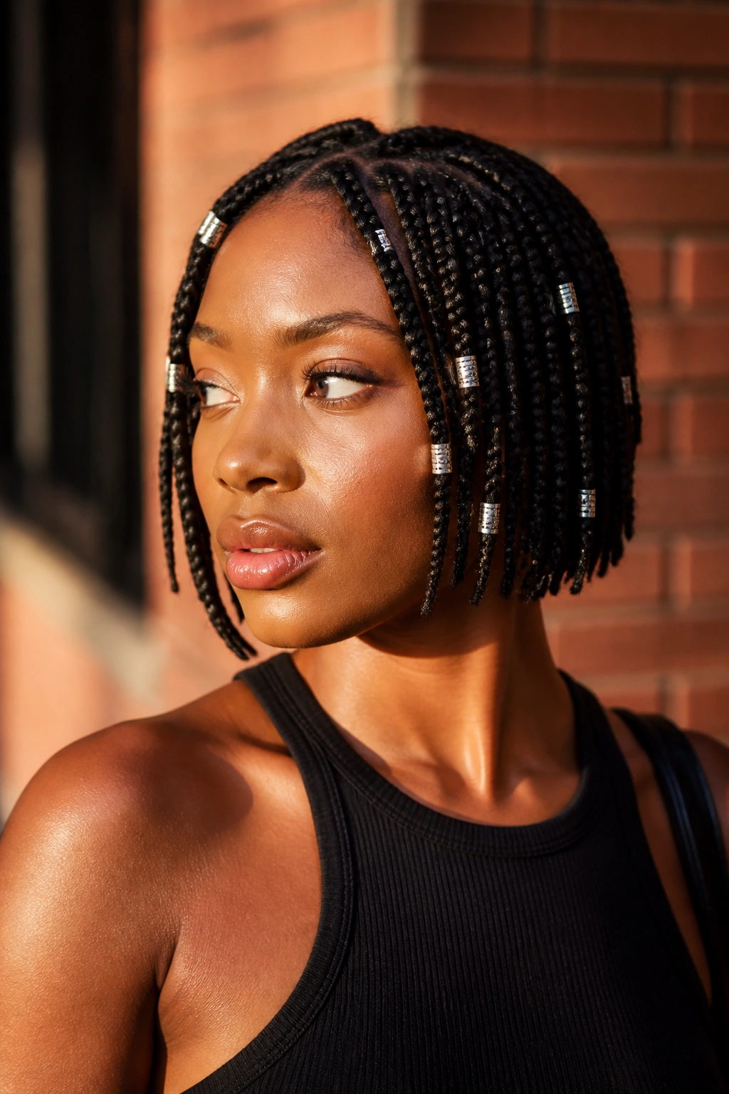 Chin-length box braids with silver cuffs on a real person